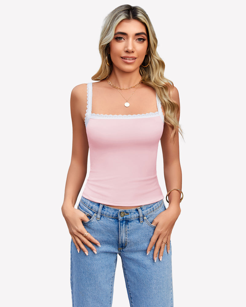Lace Tank Top Y2k Square Neck Undershirts Pink Lingerie Sets-Bras - Tophatter Daily Deals