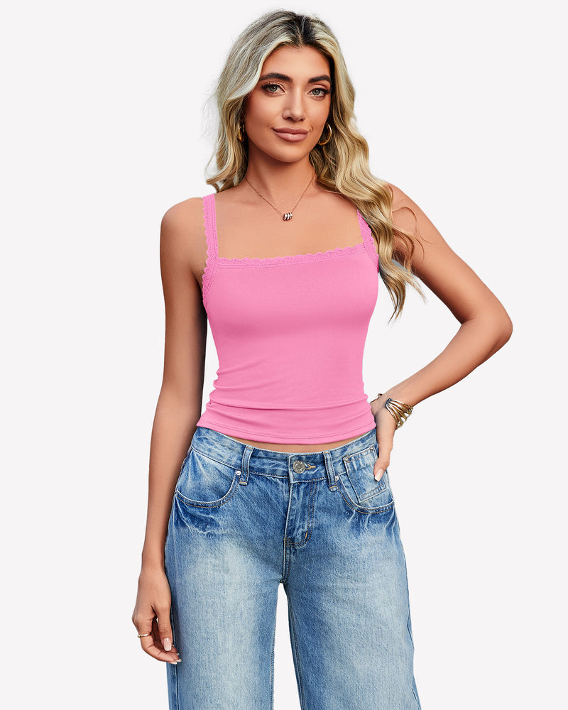 Lace Tank Top Y2k Square Neck Undershirts Rose Red Lingerie Sets-Bras - Tophatter Daily Deals