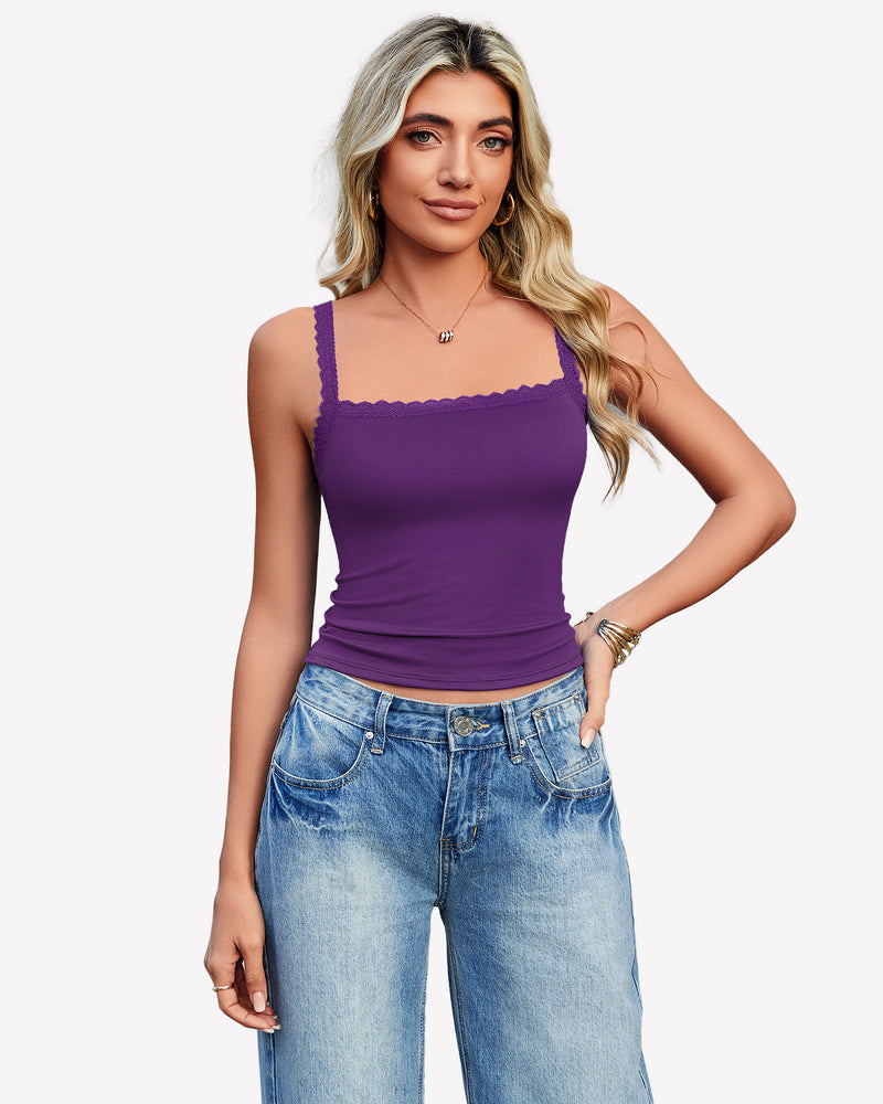 Lace Tank Top Y2k Square Neck Undershirts Purple Lingerie Sets-Bras - Tophatter Daily Deals