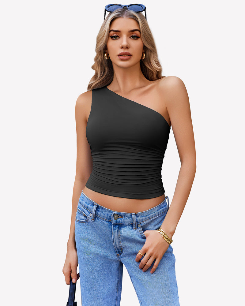 One Shoulder Tank Top Crop Tops Black Lingeries-Crop tops - Tophatter Daily Deals