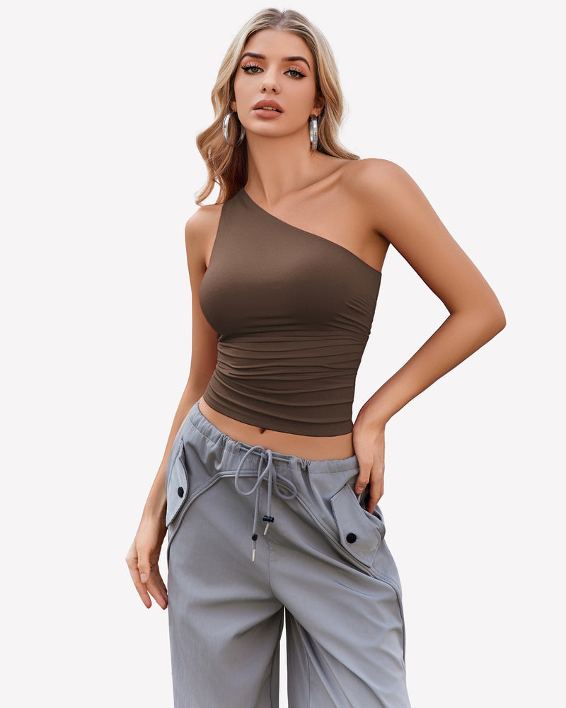 One Shoulder Tank Top Crop Tops Brown Lingeries-Crop tops - Tophatter Daily Deals