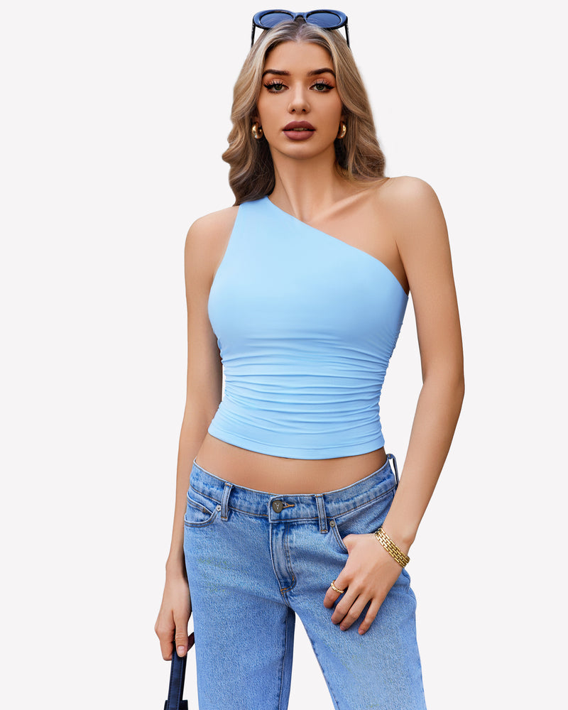One Shoulder Tank Top Crop Tops Light Blue Lingeries-Crop tops - Tophatter Daily Deals