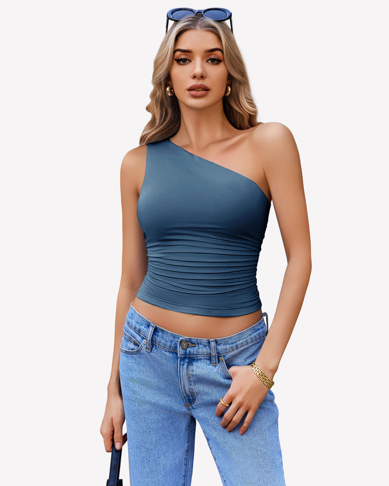 One Shoulder Tank Top Crop Tops Dark Blue Lingeries-Crop tops - Tophatter Daily Deals