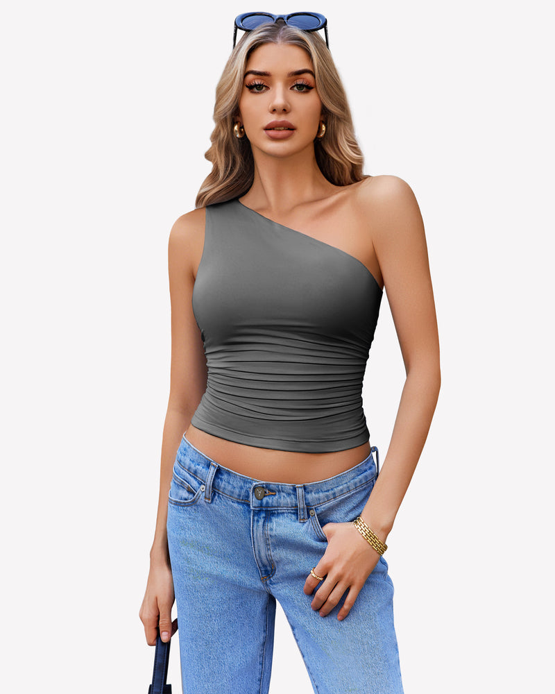 One Shoulder Tank Top Crop Tops Dark Grey Lingeries-Crop tops - Tophatter Daily Deals