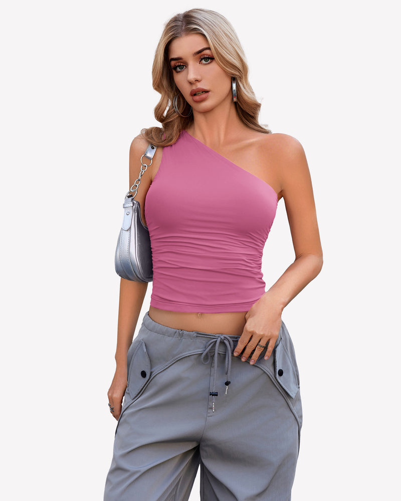 One Shoulder Tank Top Crop Tops Pink Lingeries-Crop tops - Tophatter Daily Deals