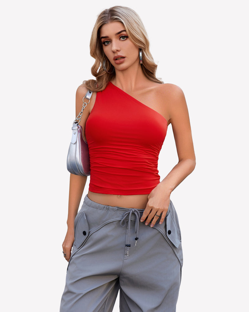 One Shoulder Tank Top Crop Tops Red Lingeries-Crop tops - Tophatter Daily Deals