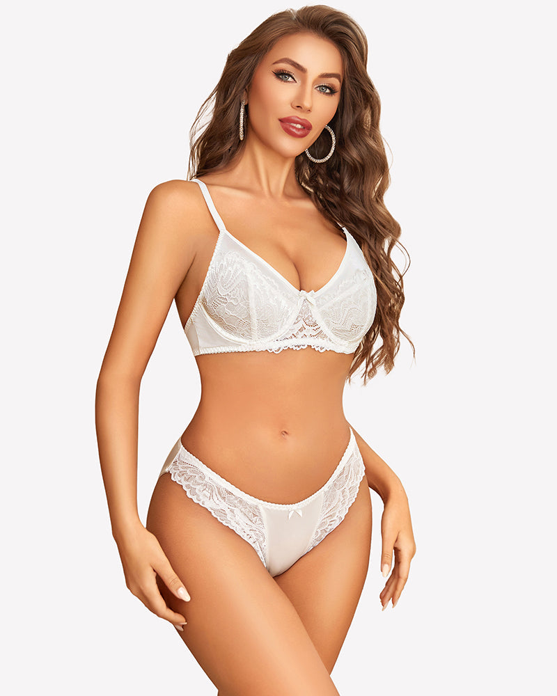 Satin Lace Unlined Bra and Panty Set White Lingerie Sets-Bra Sets - Tophatter Daily Deals