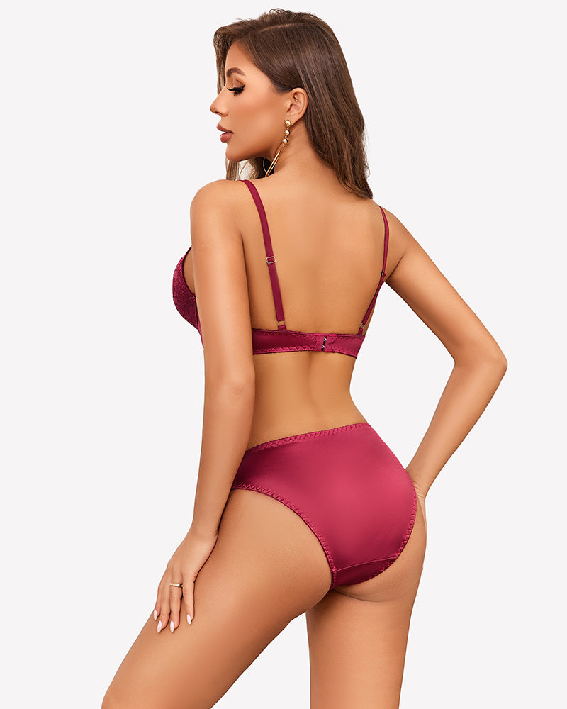 Satin Lace Unlined Bra and Panty Set Lingerie Sets-Bra Sets - Tophatter Daily Deals