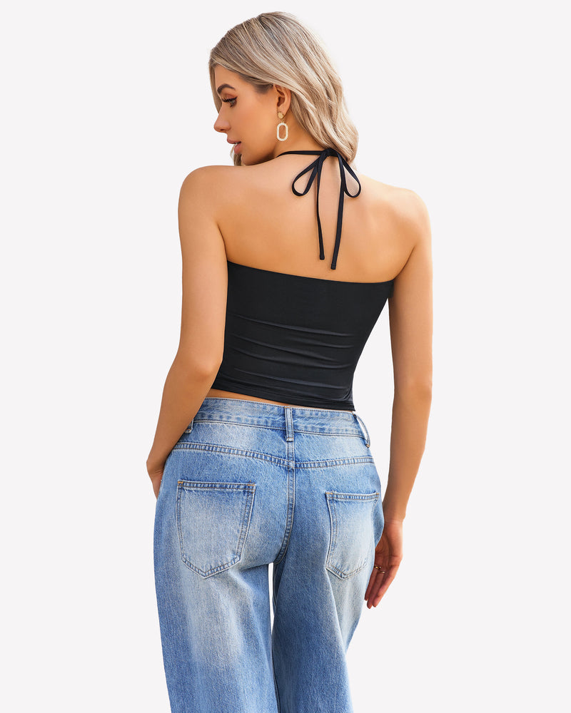 Halter Crop Tops Ruched Tank Tops Lingerie Sets-Bras - Tophatter Daily Deals