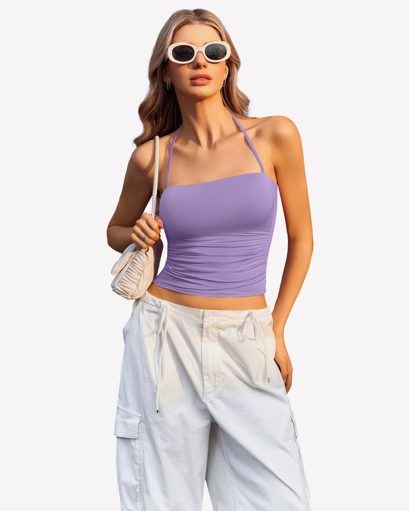 Halter Crop Tops Ruched Tank Tops Light Purple Lingerie Sets-Bras - Tophatter Daily Deals