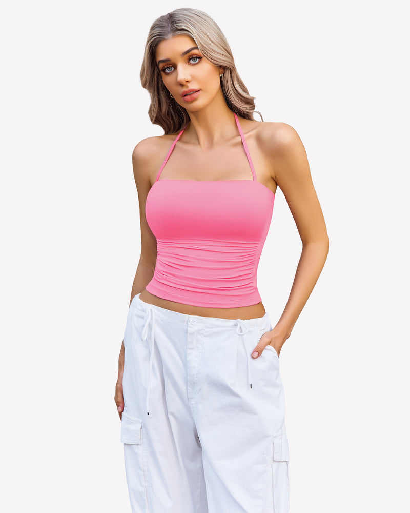 Halter Crop Tops Ruched Tank Tops Pink Lingerie Sets-Bras - Tophatter Daily Deals