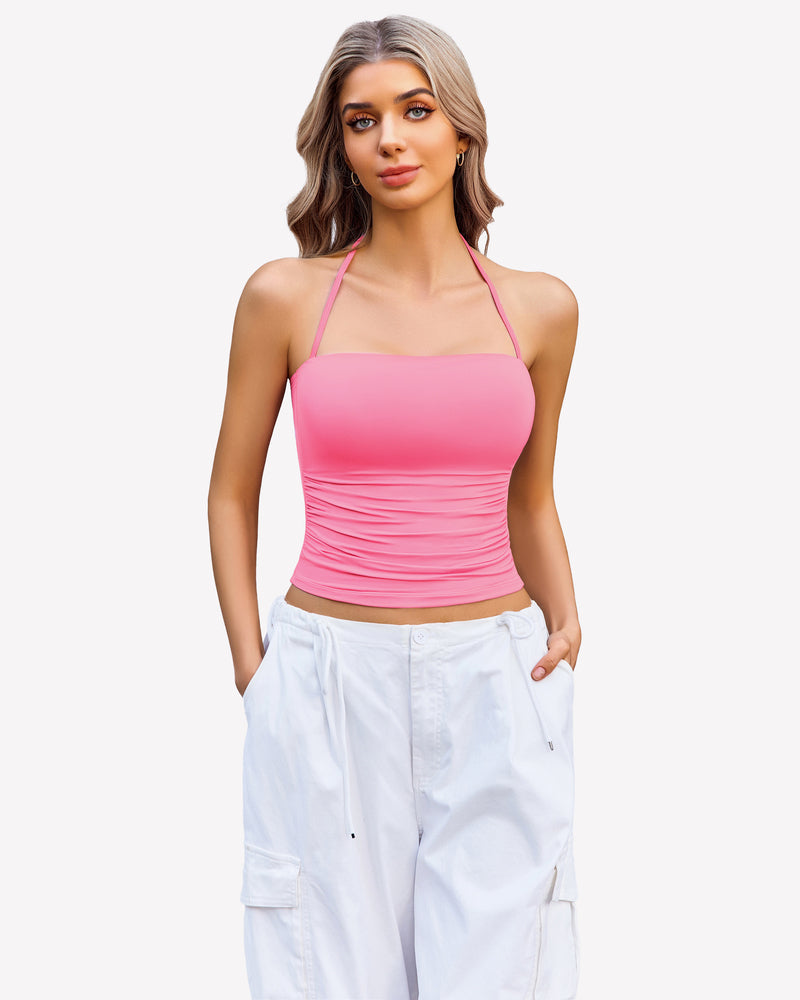 Halter Crop Tops Ruched Tank Tops Lingerie Sets-Bras - Tophatter Daily Deals
