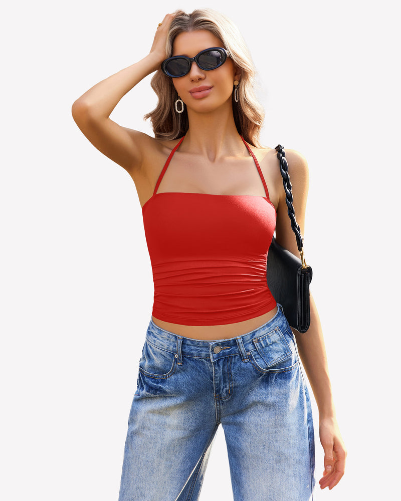 Halter Crop Tops Ruched Tank Tops Red Lingerie Sets-Bras - Tophatter Daily Deals