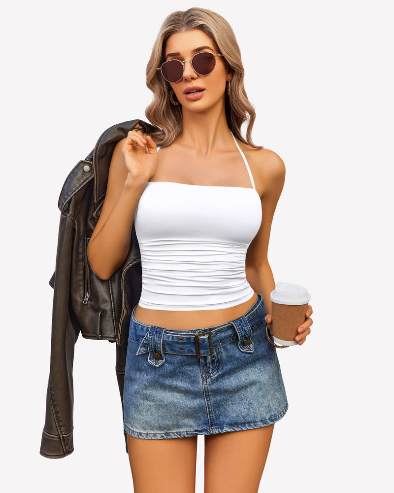 Halter Crop Tops Ruched Tank Tops White Lingerie Sets-Bras - Tophatter Daily Deals
