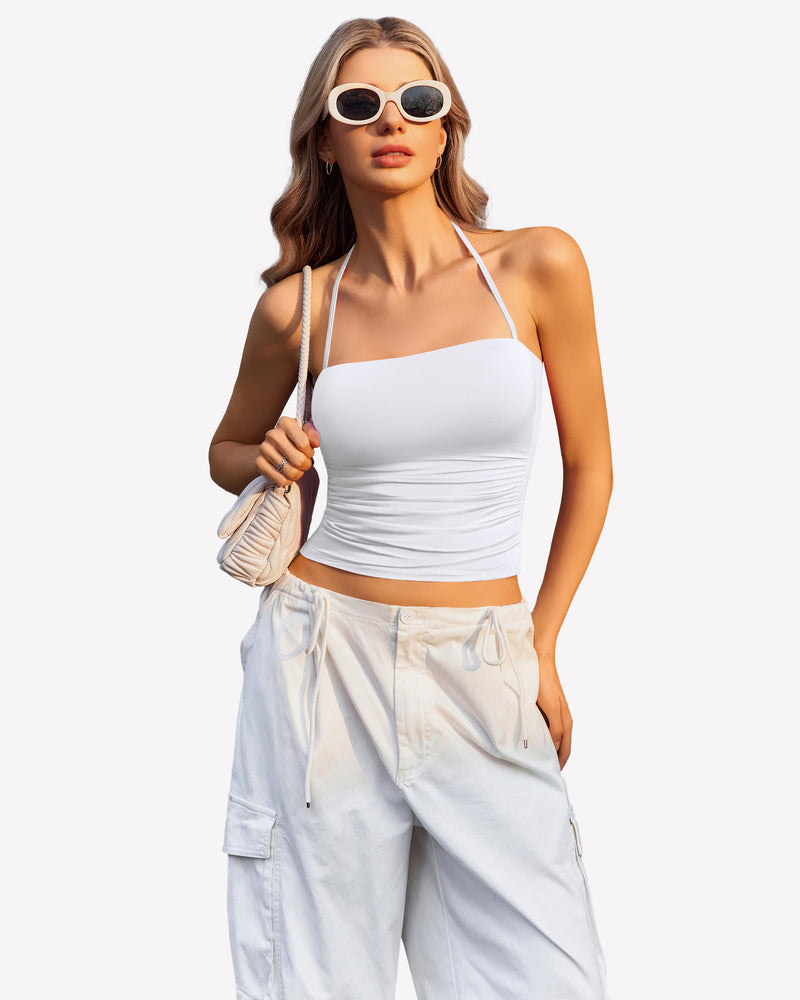 Halter Crop Tops Ruched Tank Tops Lingerie Sets-Bras - Tophatter Daily Deals