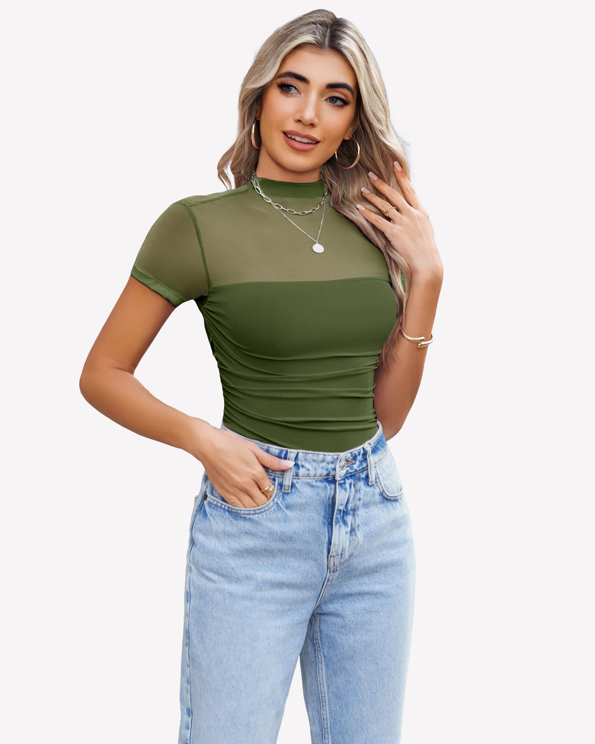 Short Sleeve Bodysuit Turtle Neck Mesh Tops Olive Green Shaperwear-bodysuit - Tophatter Daily Deals