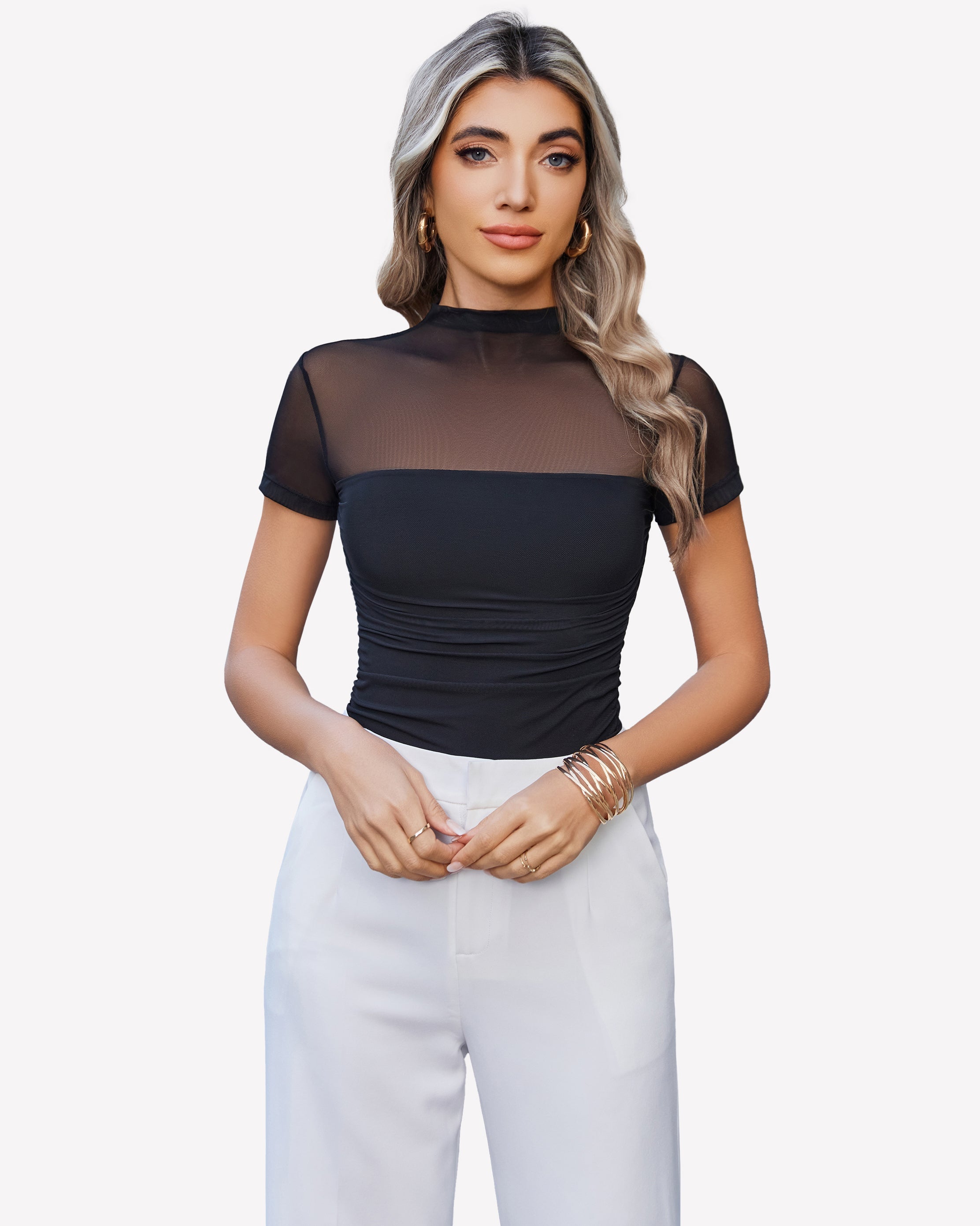 Short Sleeve Bodysuit Turtle Neck Mesh Tops Black Shaperwear-bodysuit - Tophatter Daily Deals