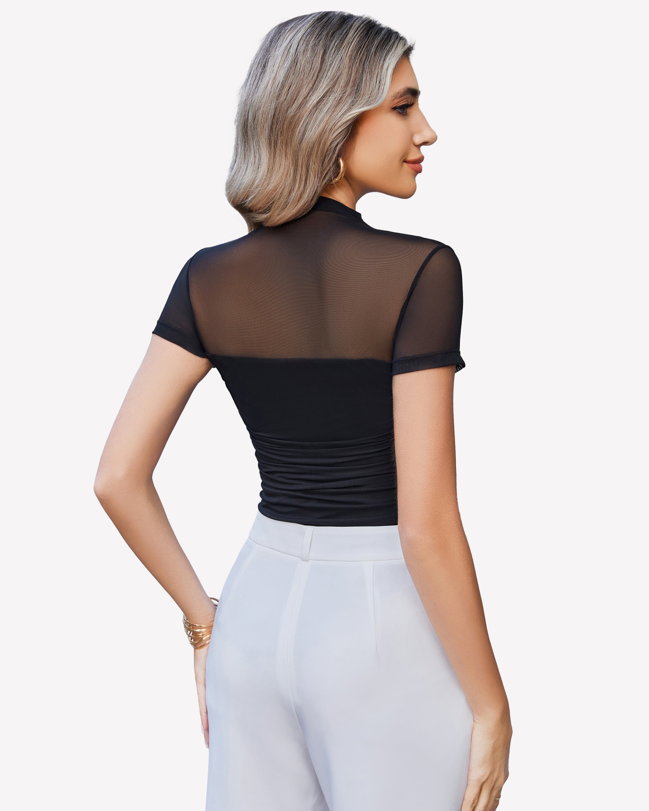 Short Sleeve Bodysuit Turtle Neck Mesh Tops Shaperwear-bodysuit - Tophatter Daily Deals