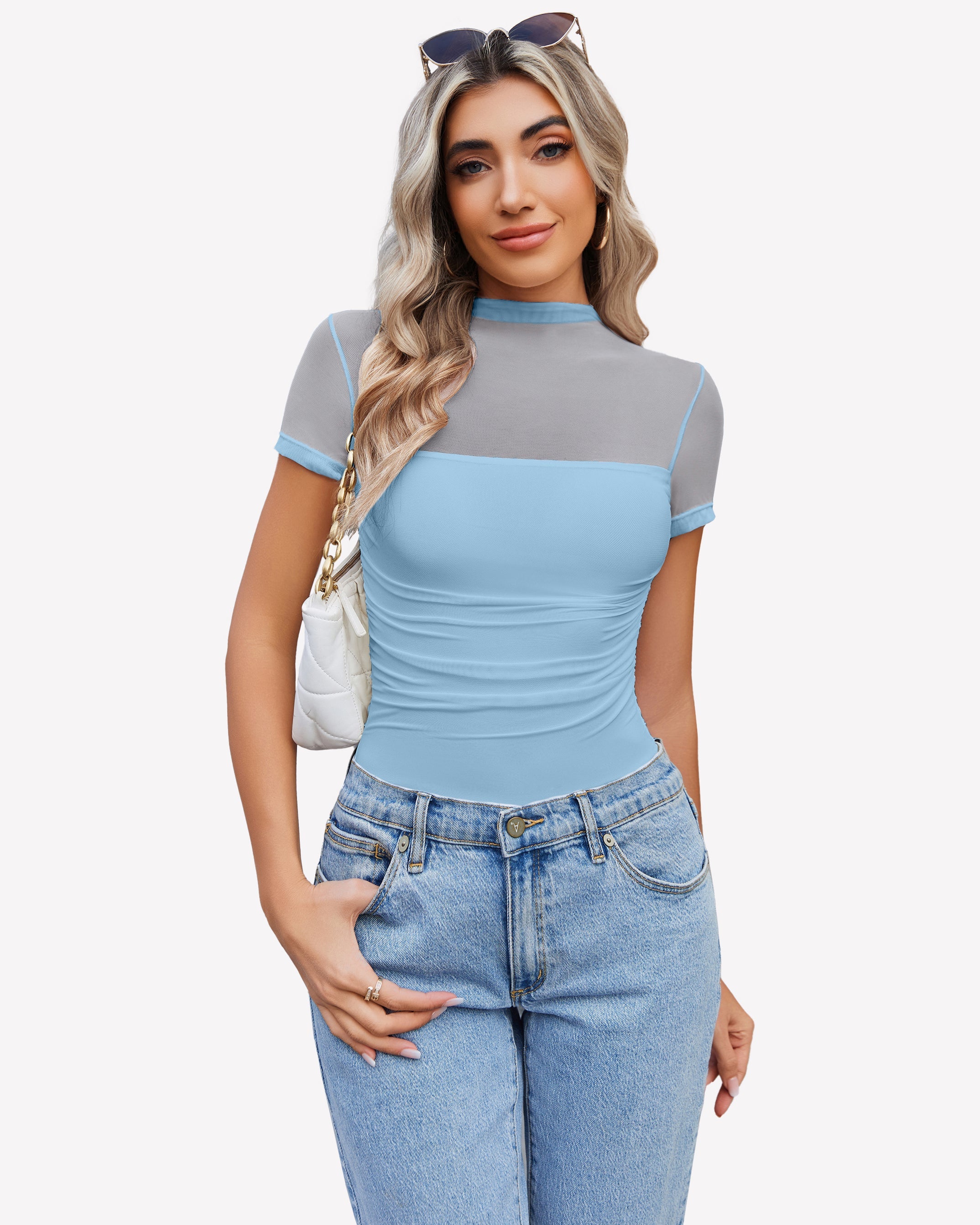 Short Sleeve Bodysuit Turtle Neck Mesh Tops Light Blue Shaperwear-bodysuit - Tophatter Daily Deals