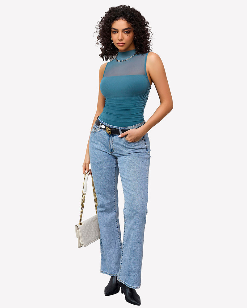 Mock Neck Mesh Bodysuit Ruched Tank Top Blue Green Lingeries-Bodysuits - Tophatter Daily Deals