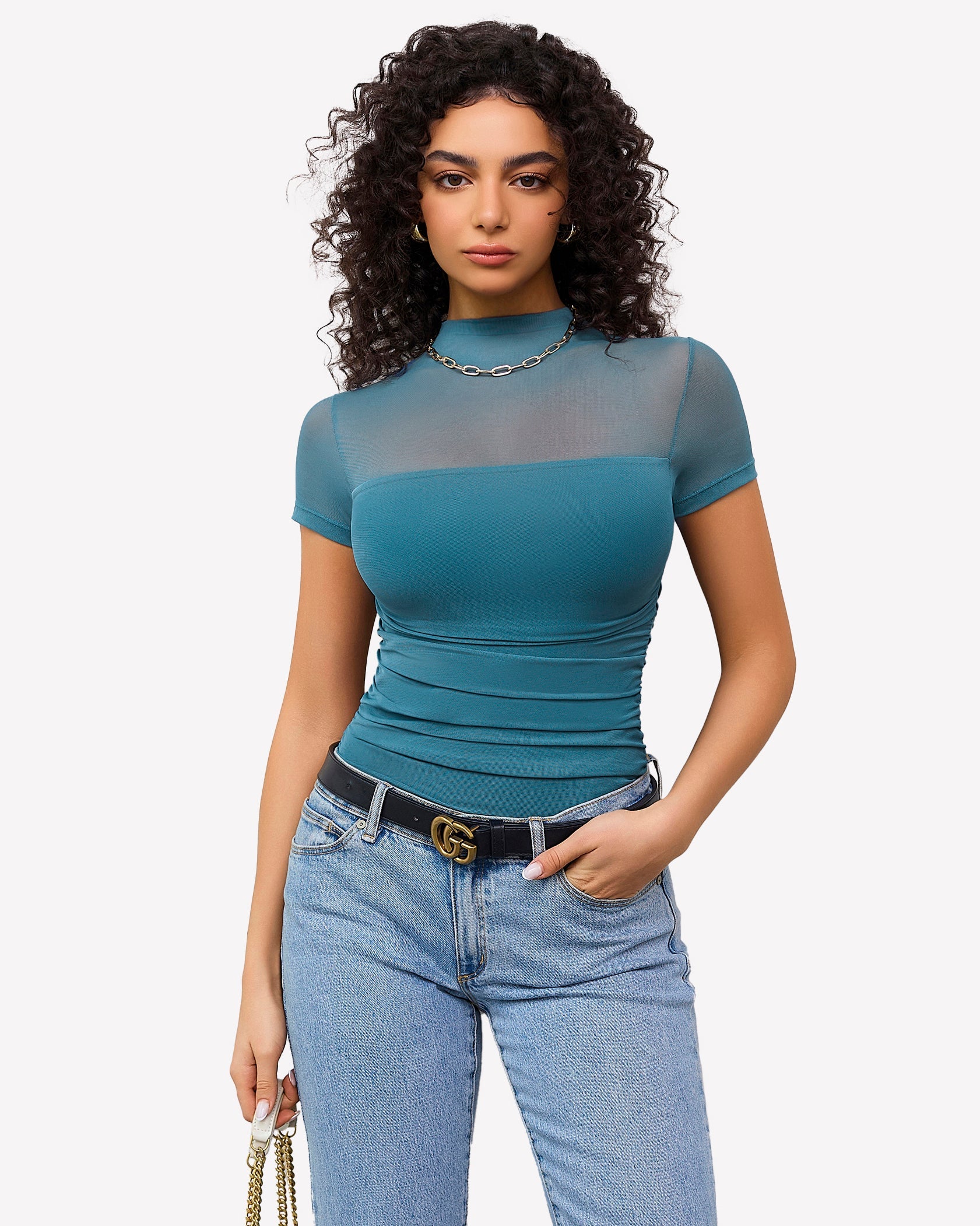 Short Sleeve Bodysuit Turtle Neck Mesh Tops Shaperwear-bodysuit - Tophatter Daily Deals