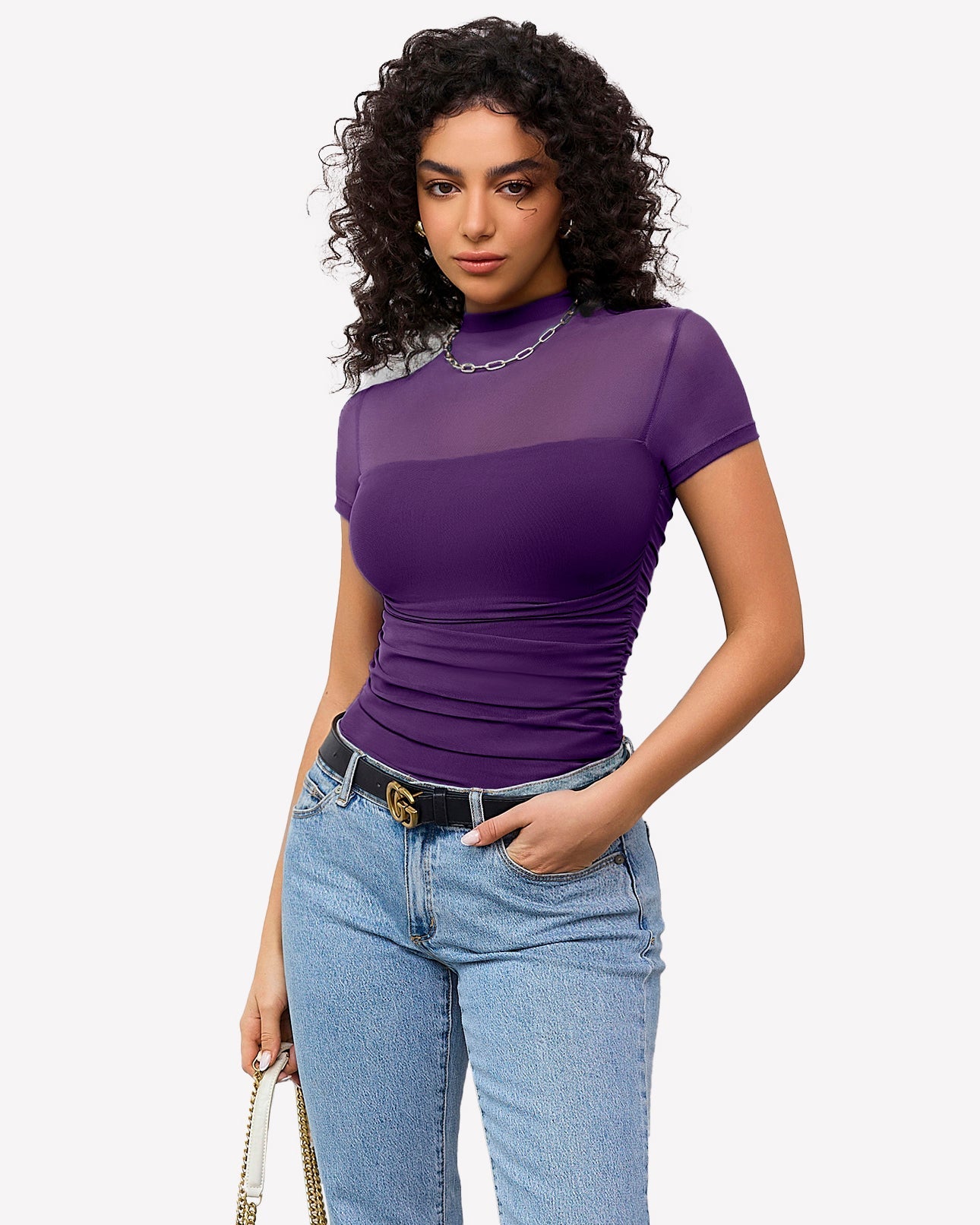 Short Sleeve Bodysuit Turtle Neck Mesh Tops Dark Purple Shaperwear-bodysuit - Tophatter Daily Deals