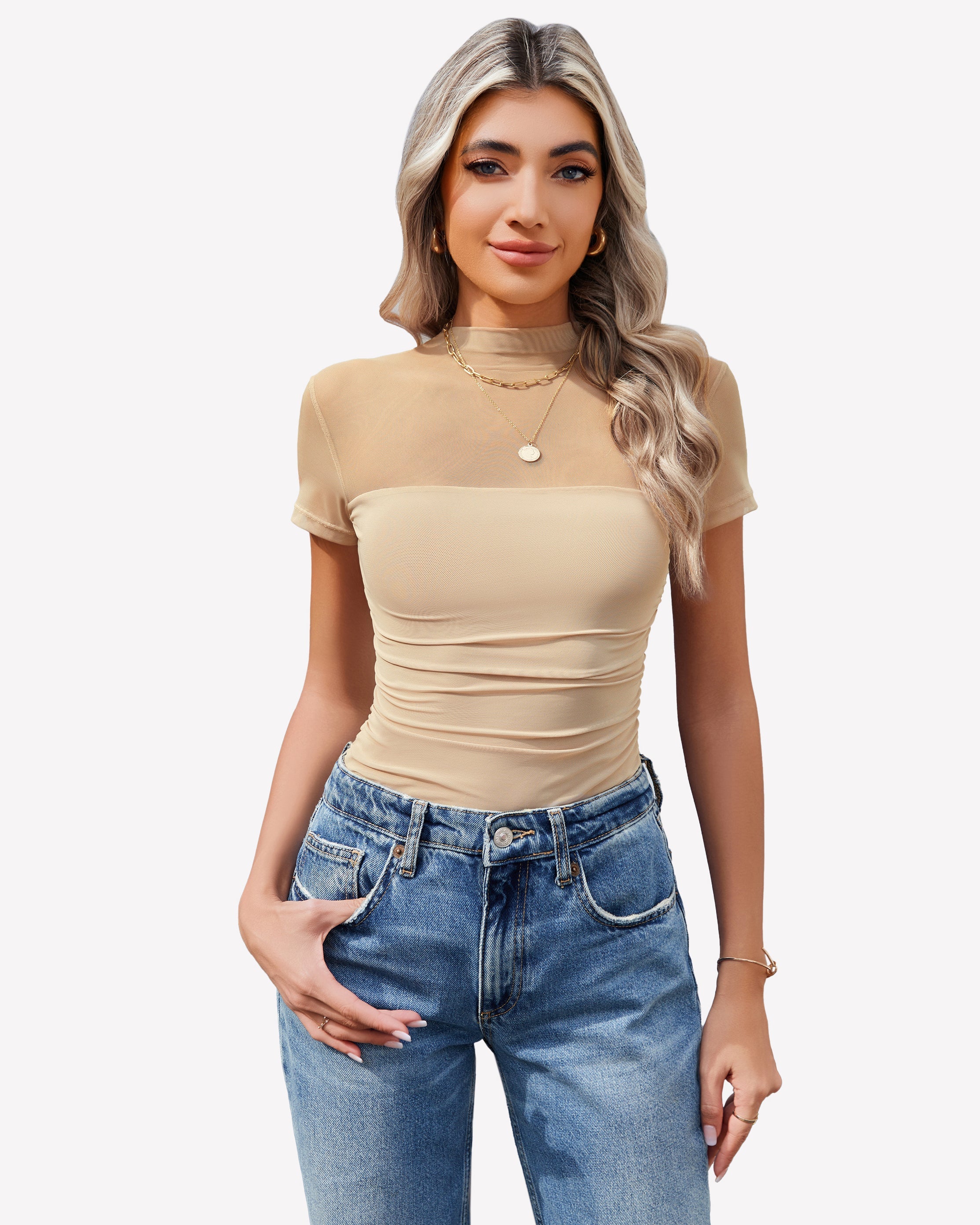 Short Sleeve Bodysuit Turtle Neck Mesh Tops Nude Shaperwear-bodysuit - Tophatter Daily Deals