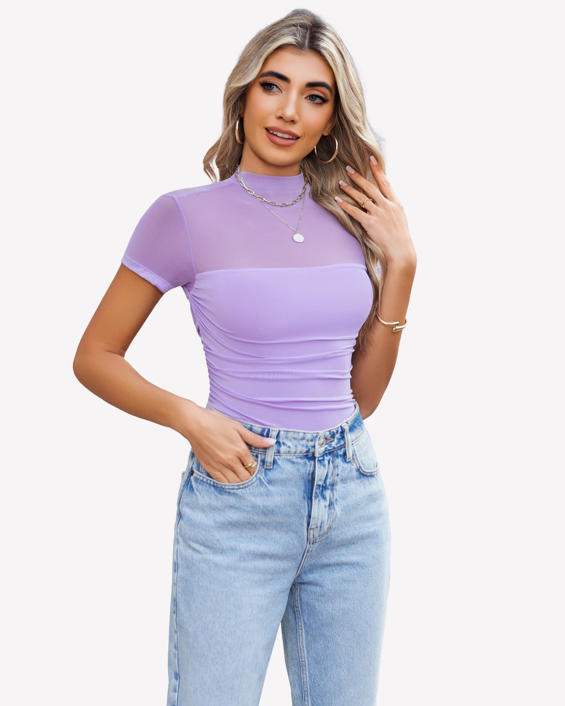 Short Sleeve Bodysuit Turtle Neck Mesh Tops Lilac Shaperwear-bodysuit - Tophatter Daily Deals