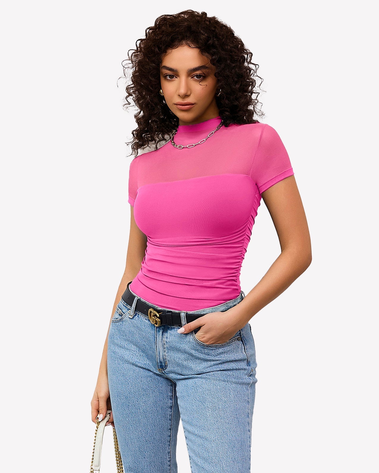 Short Sleeve Bodysuit Turtle Neck Mesh Tops Pink Shaperwear-bodysuit - Tophatter Daily Deals