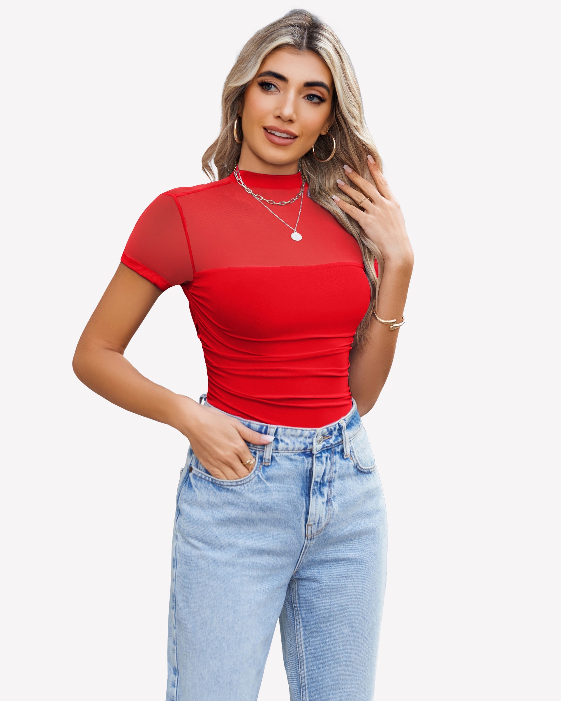 Short Sleeve Bodysuit Turtle Neck Mesh Tops Red Shaperwear-bodysuit - Tophatter Daily Deals