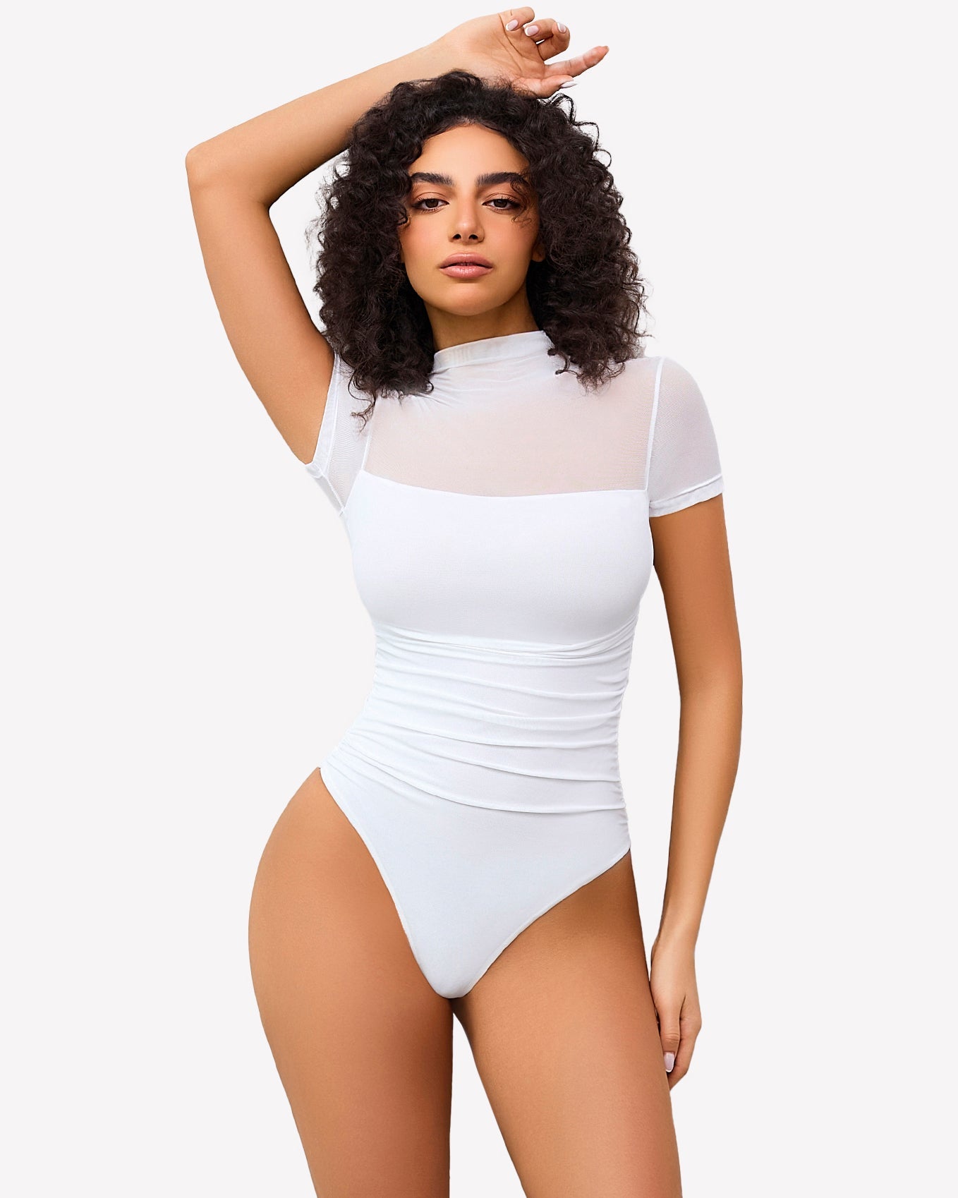 Short Sleeve Bodysuit Turtle Neck Mesh Tops White Shaperwear-bodysuit - Tophatter Daily Deals