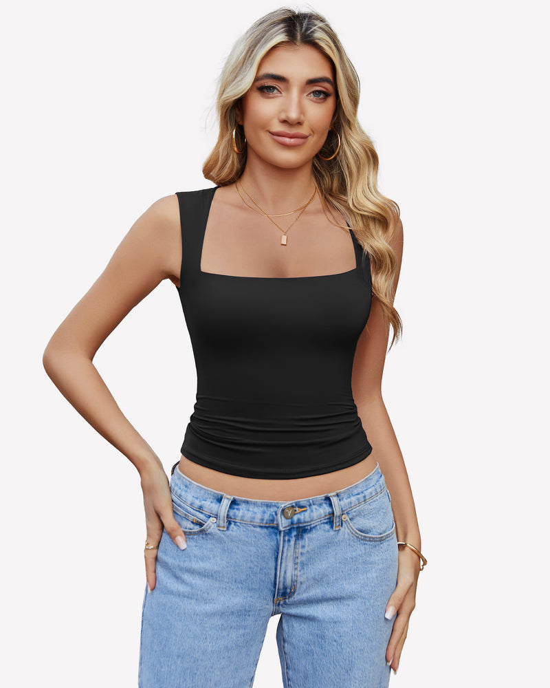Square Neck Tank Top Basic Crop Tops Black Lingerie Sets-Bras - Tophatter Daily Deals