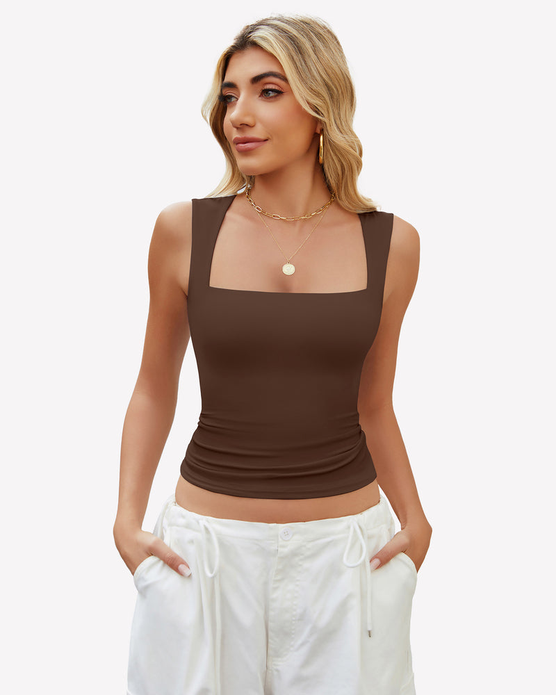Square Neck Tank Top Basic Crop Tops Brown Lingerie Sets-Bras - Tophatter Daily Deals