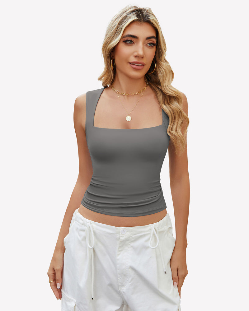 Square Neck Tank Top Basic Crop Tops Grey Lingerie Sets-Bras - Tophatter Daily Deals