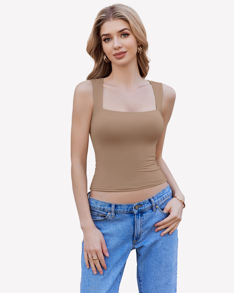 Square Neck Tank Top Basic Crop Tops Khaki Lingerie Sets-Bras - Tophatter Daily Deals