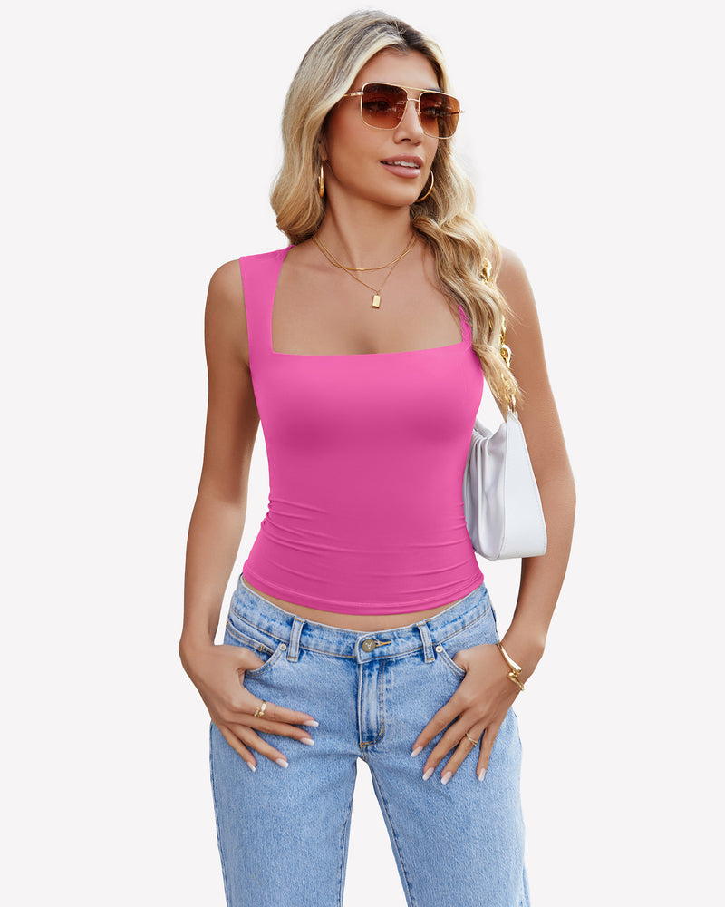 Square Neck Tank Top Basic Crop Tops Pink Lingerie Sets-Bras - Tophatter Daily Deals