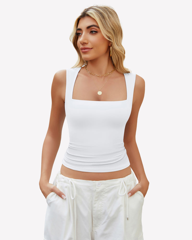 Square Neck Tank Top Basic Crop Tops White Lingerie Sets-Bras - Tophatter Daily Deals