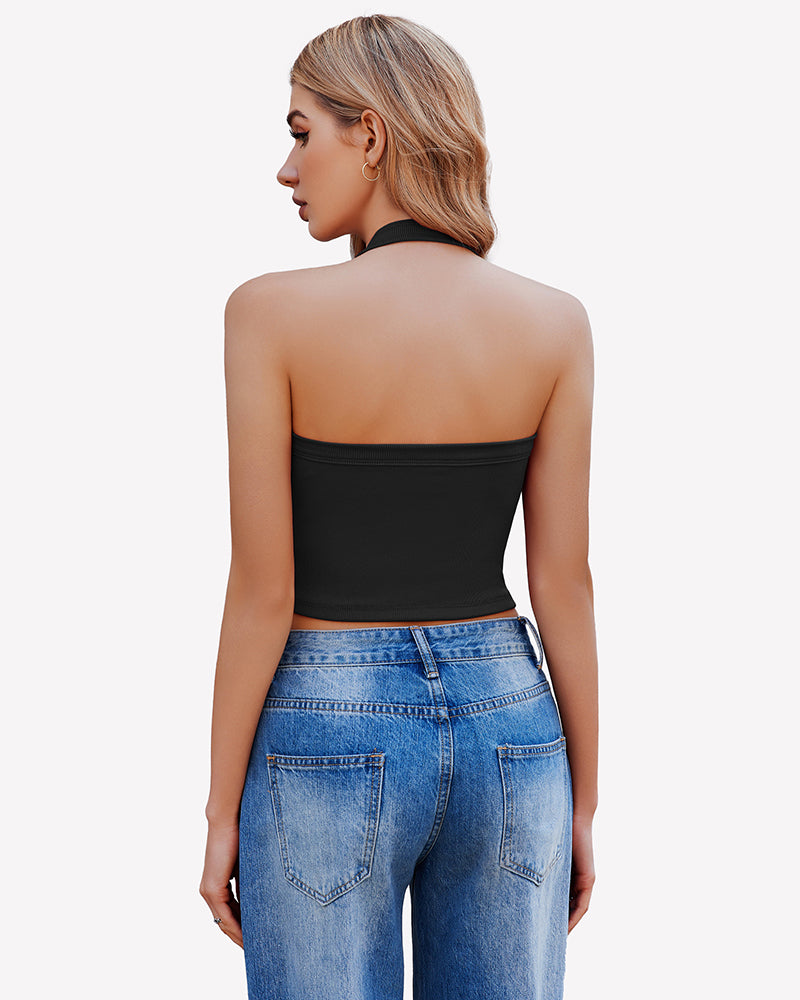 Double Lined Backless Ribbed Crop Top Lingeries-Crop tops - Tophatter Daily Deals