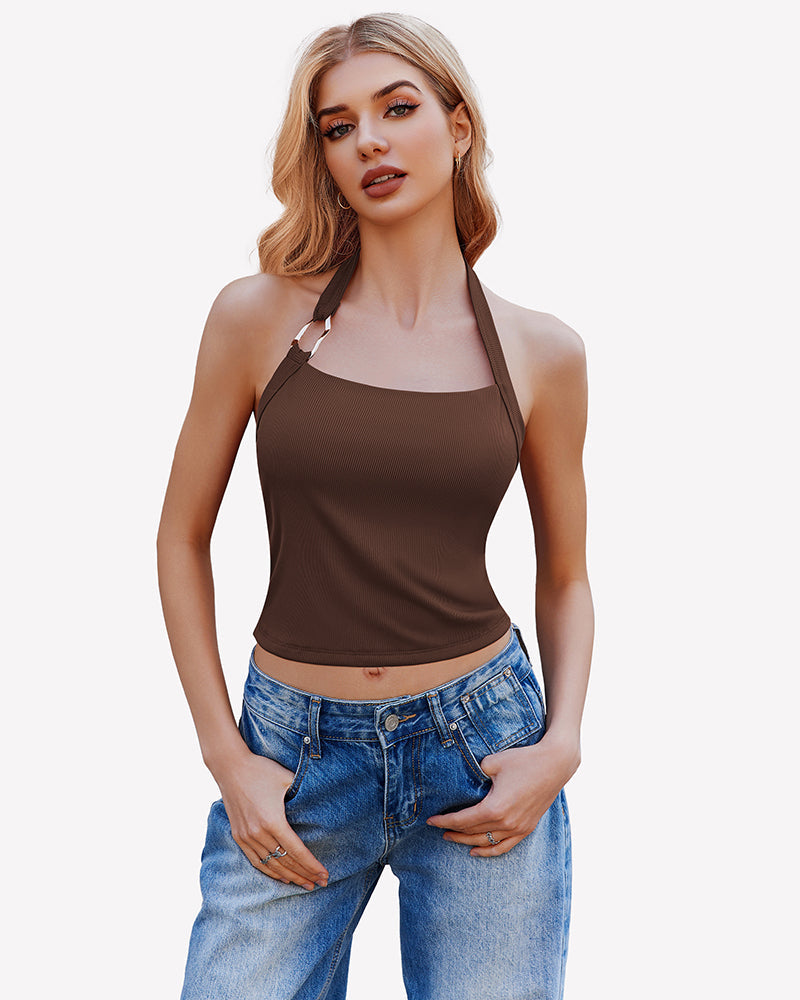 Double Lined Backless Ribbed Crop Top Brown Lingeries-Crop tops - Tophatter Daily Deals
