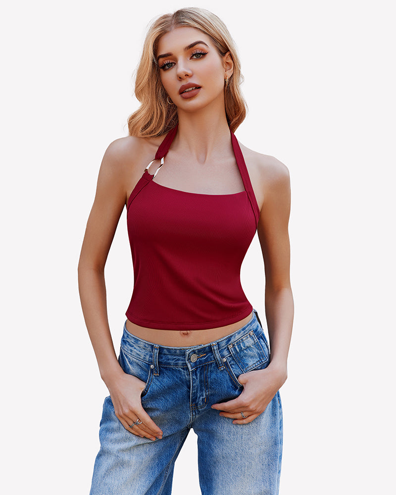 Double Lined Backless Ribbed Crop Top Dark Red Lingeries-Crop tops - Tophatter Daily Deals
