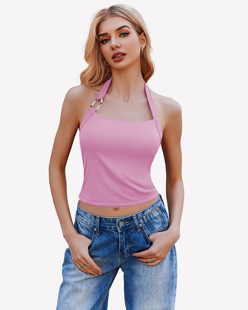 Double Lined Backless Ribbed Crop Top Pink Lingeries-Crop tops - Tophatter Daily Deals