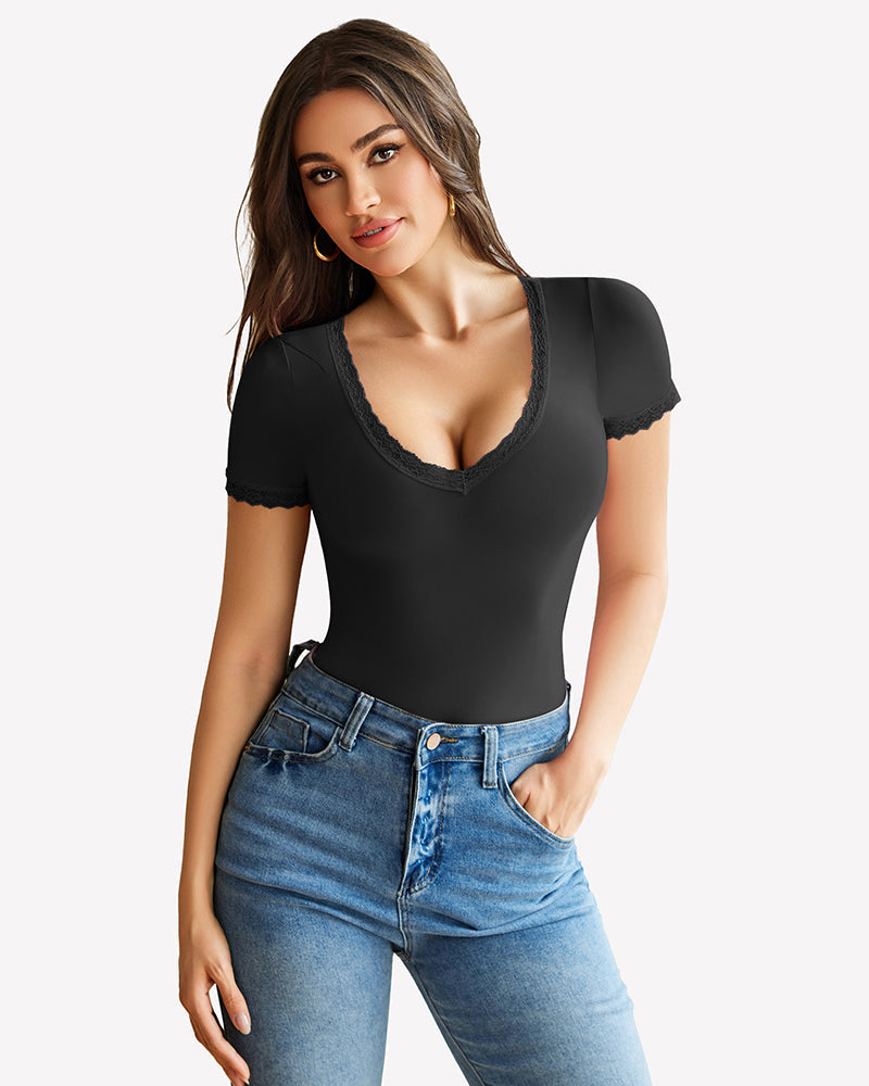 Lace V Neck Double Lined Bodysuits Black Lingeries-Bodysuits - Tophatter Daily Deals