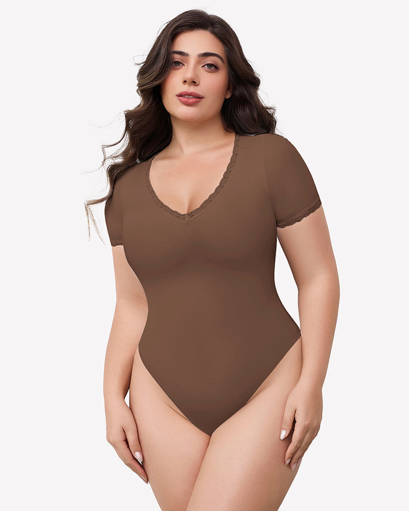 Lace V Neck Double Lined Bodysuits Brown Lingeries-Bodysuits - Tophatter Daily Deals