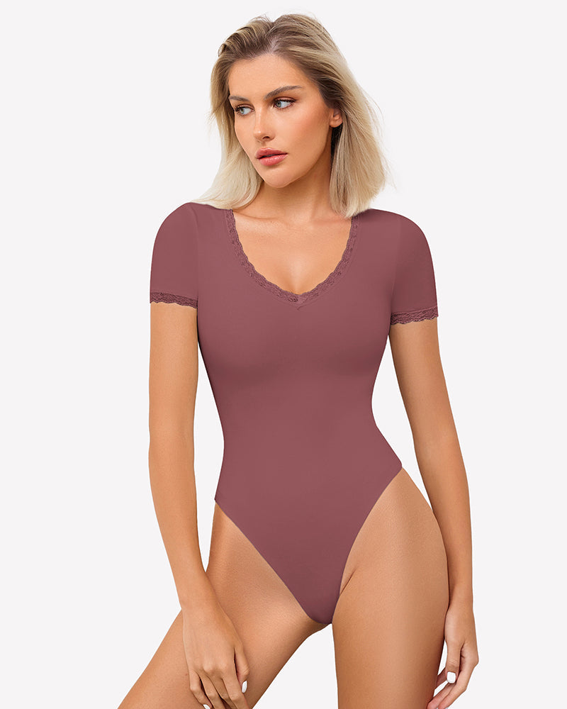 Lace V Neck Double Lined Bodysuits Purple Red Lingeries-Bodysuits - Tophatter Daily Deals