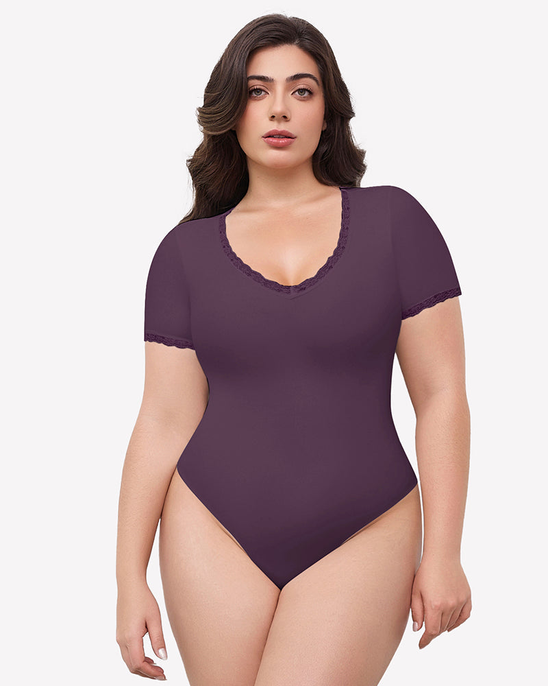 Lace V Neck Double Lined Bodysuits Purple Lingeries-Bodysuits - Tophatter Daily Deals