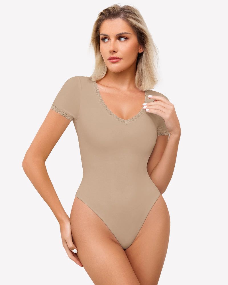Lace V Neck Double Lined Bodysuits Khaki Lingeries-Bodysuits - Tophatter Daily Deals