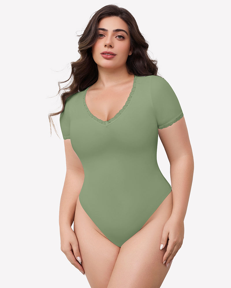 Lace V Neck Double Lined Bodysuits Grayish Green Lingeries-Bodysuits - Tophatter Daily Deals