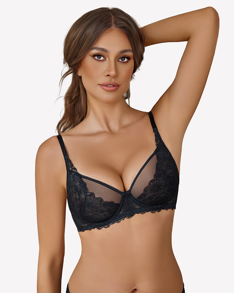 Unlined Mesh Full Coverage Bras Black Lingerie Sets-Bras - Tophatter Daily Deals