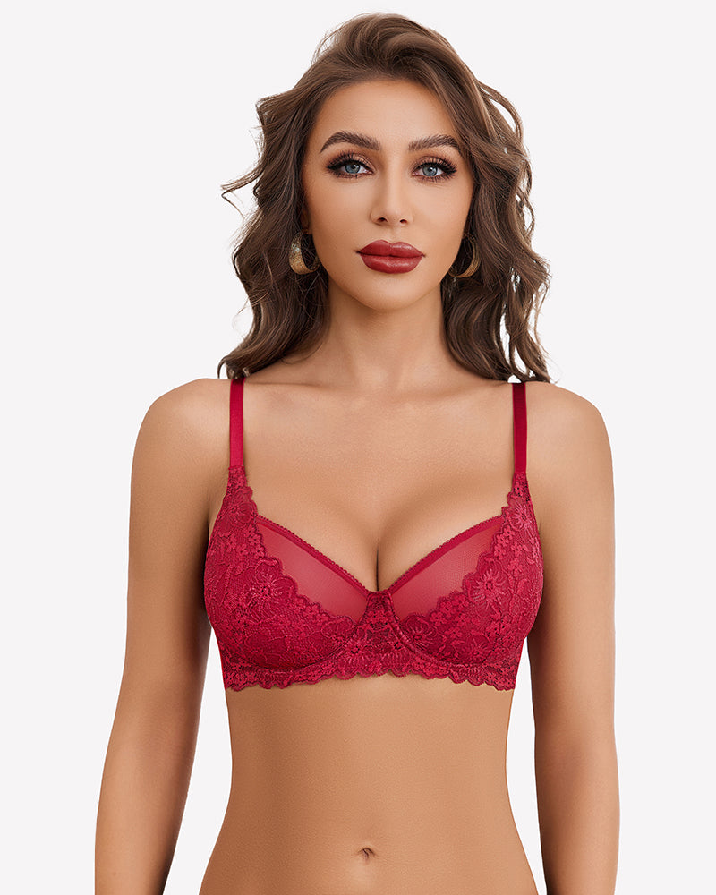 Unlined Mesh Full Coverage Bras Red Lingerie Sets-Bras - Tophatter Daily Deals