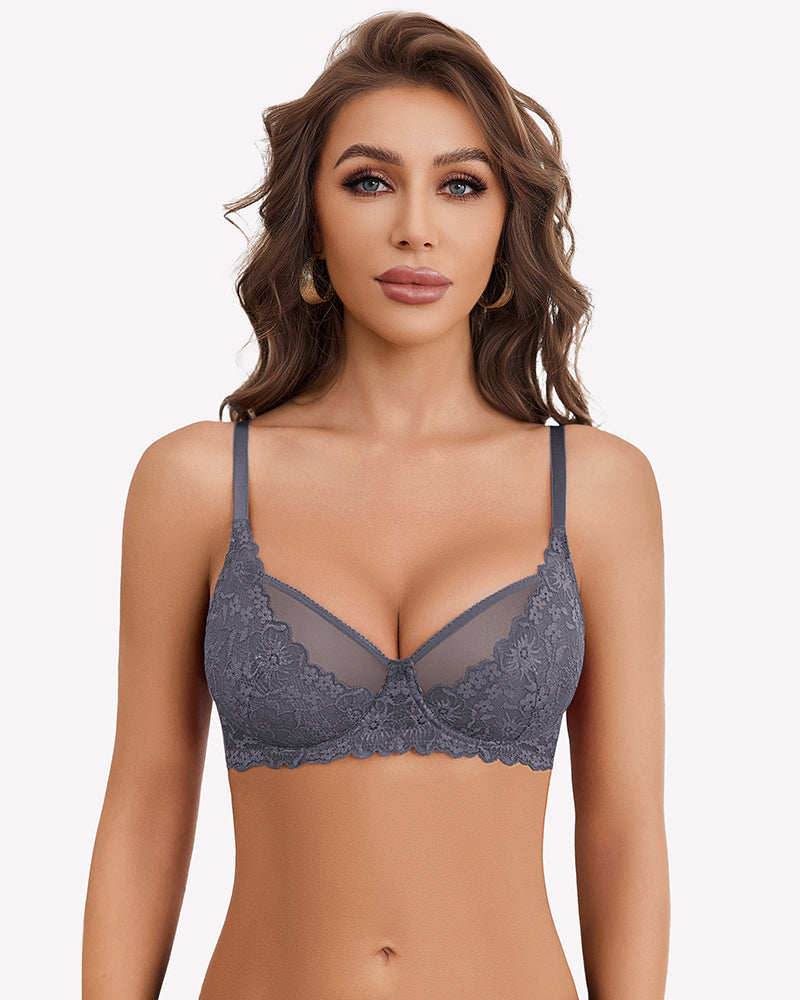 Unlined Mesh Full Coverage Bras Grey Lingerie Sets-Bras - Tophatter Daily Deals